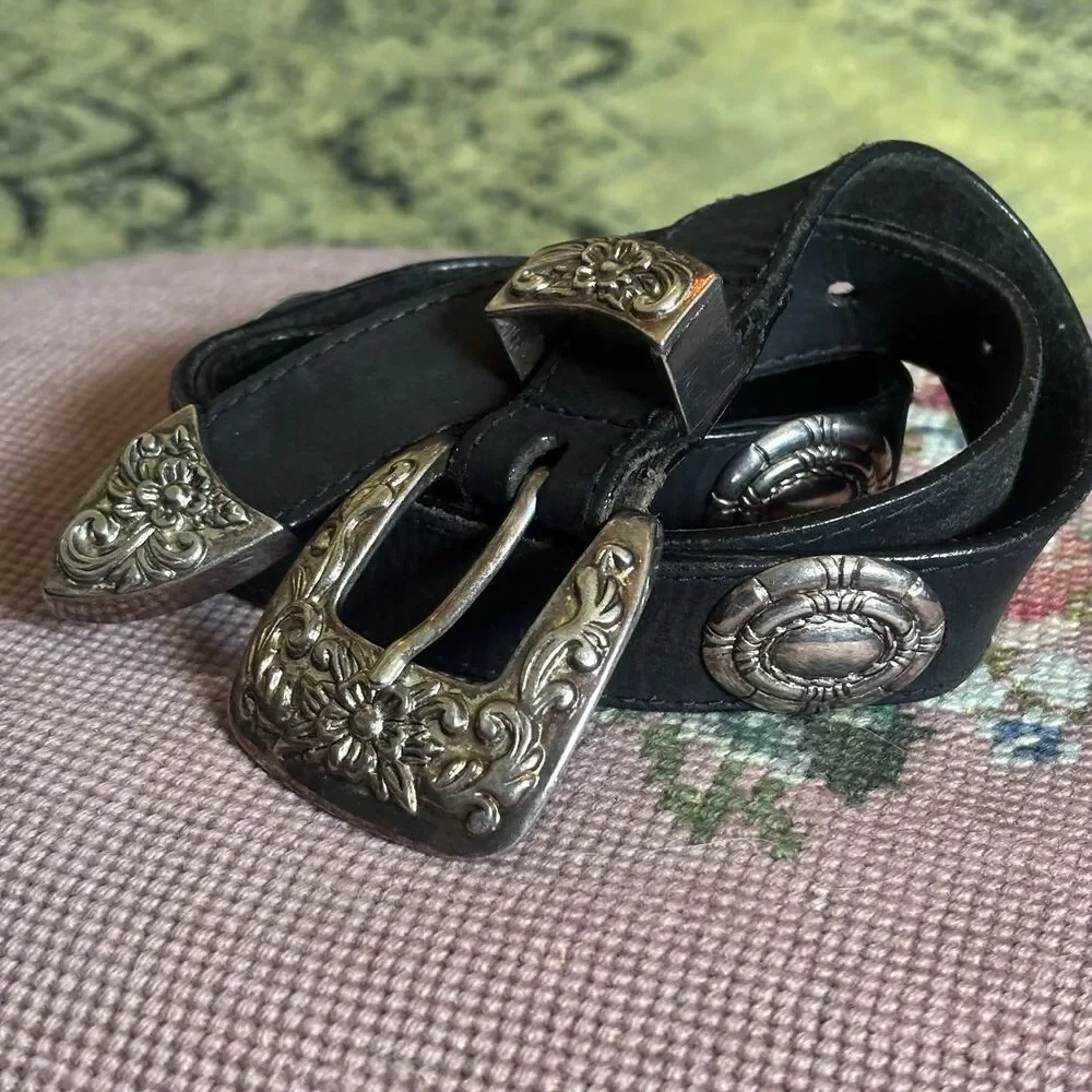 Vtg Concho Black Leather Belt Embossed Western Silver Buckle 32 Grunge Cowgirl